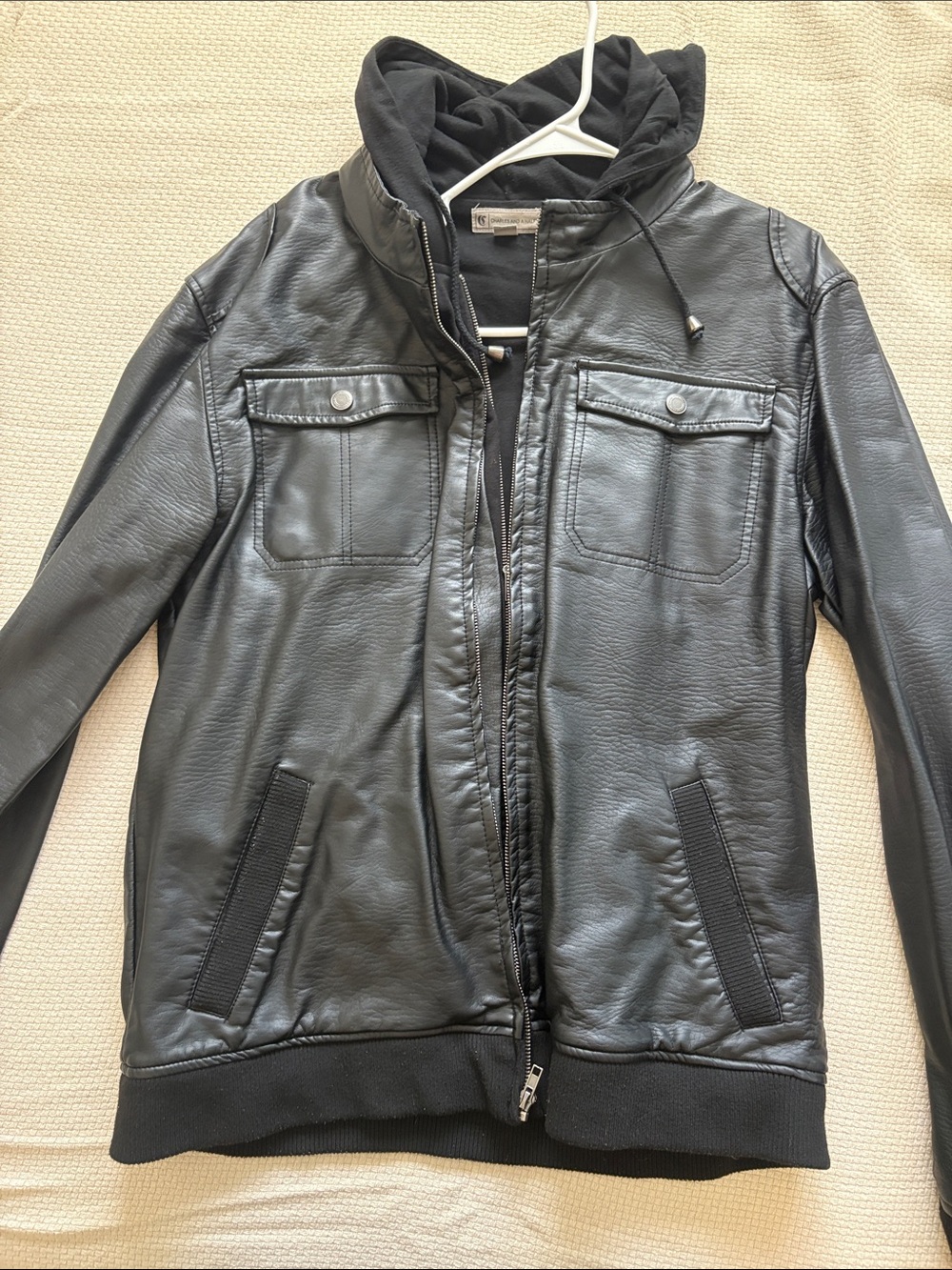 Black Faux Leather Bomber Jacket with Hooded Liner